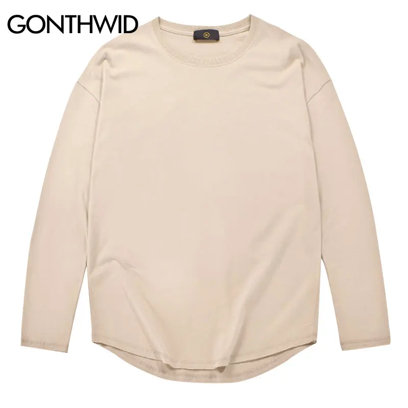 

GONTHWID Solid Color Long Sleeve Cotton Tees Shirts Mens Hipster Curved Hem Hip Hop Urban Tshirts Tops Streetwear Tops Shirts