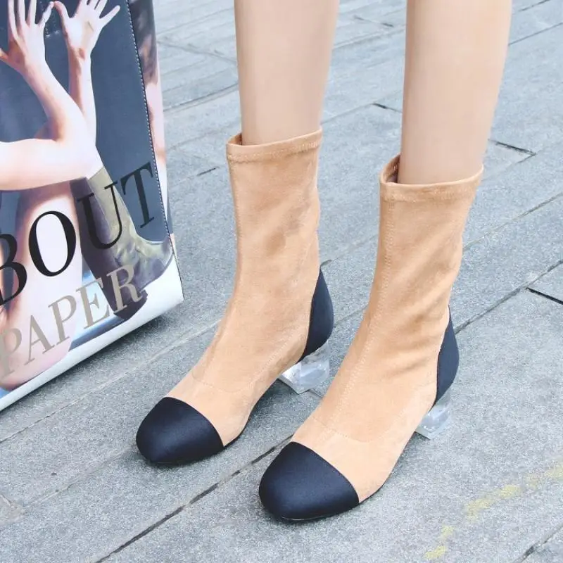 

Mixed Color Women Boots Slip On Short Booties Suede Chic Transparent Heel Brand Runway Star Shoes Square Toe Chaussures Femmes