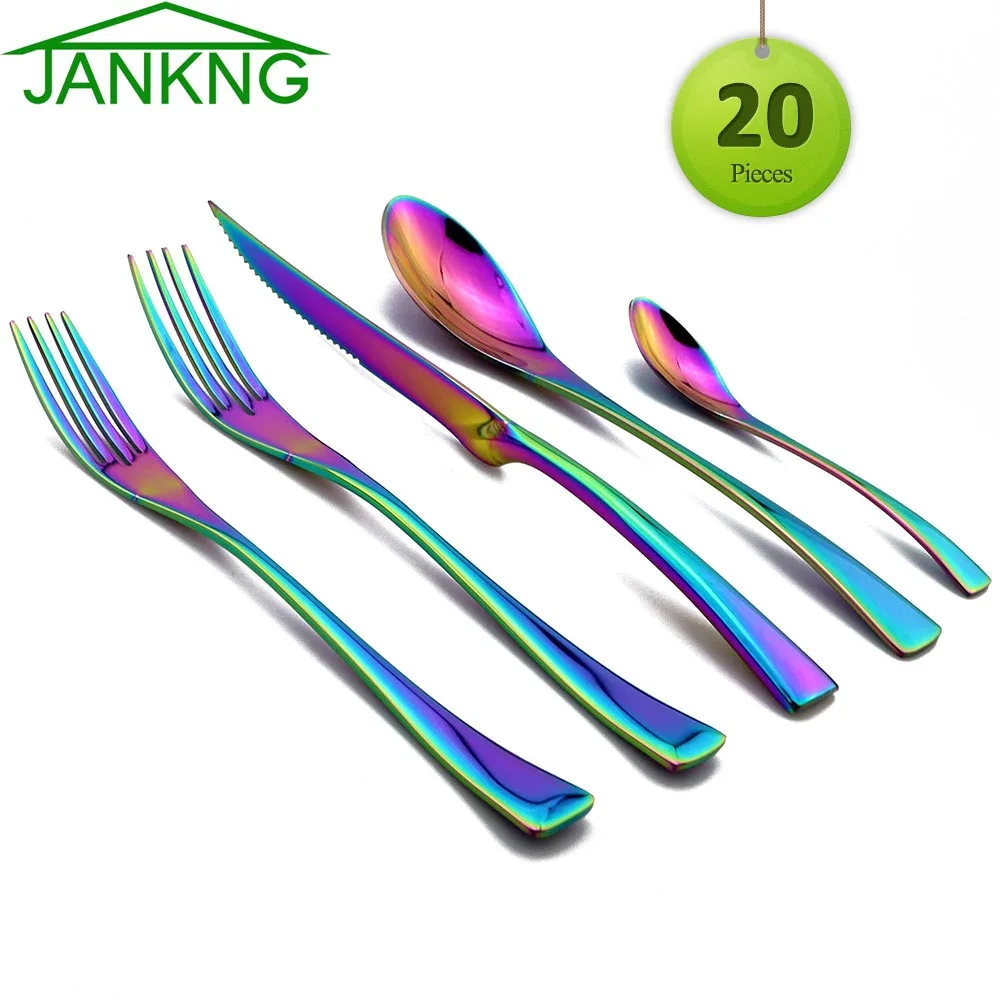 

JANKNG 20-Piece Gold Dinnerware Set Stainless Steel Cutlery Set Black Knife Fork Set Tableware Gold Cutlerie Service for 4