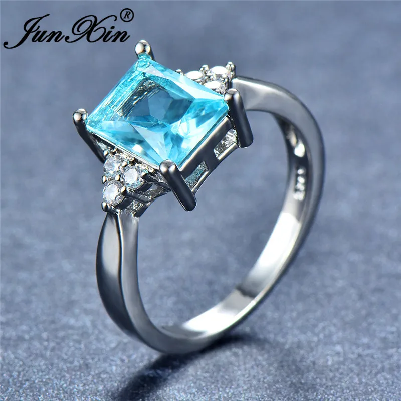 JUNXIN Princess Cut Stone Rainbow Fire Zircon Wedding Rings For Women 925 Silver Filled Square Aqua Blue Birthstone Ring Female