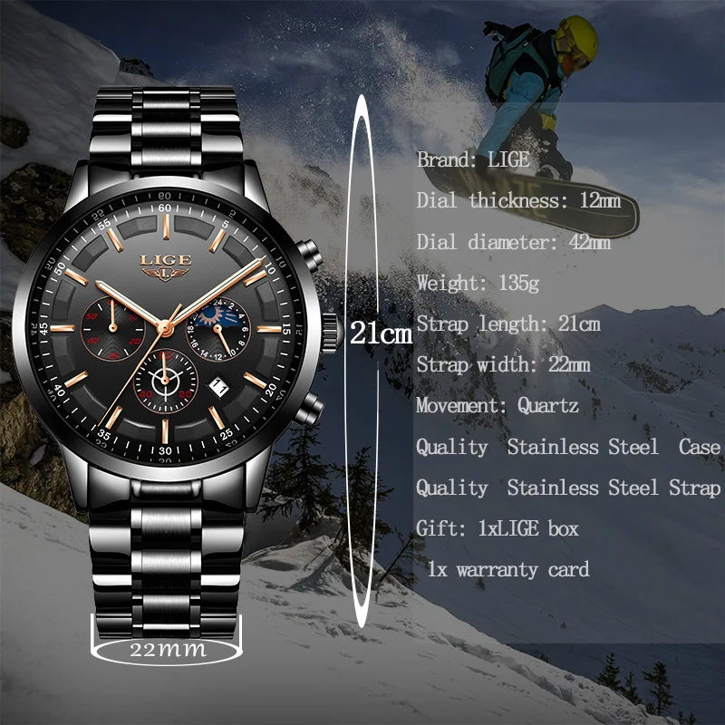 LIGE Mens Watches Top Brand Luxury Military Quartz Watch Men Fashion Stainless Steel  Waterproof Sport Watch Relogio Masculino