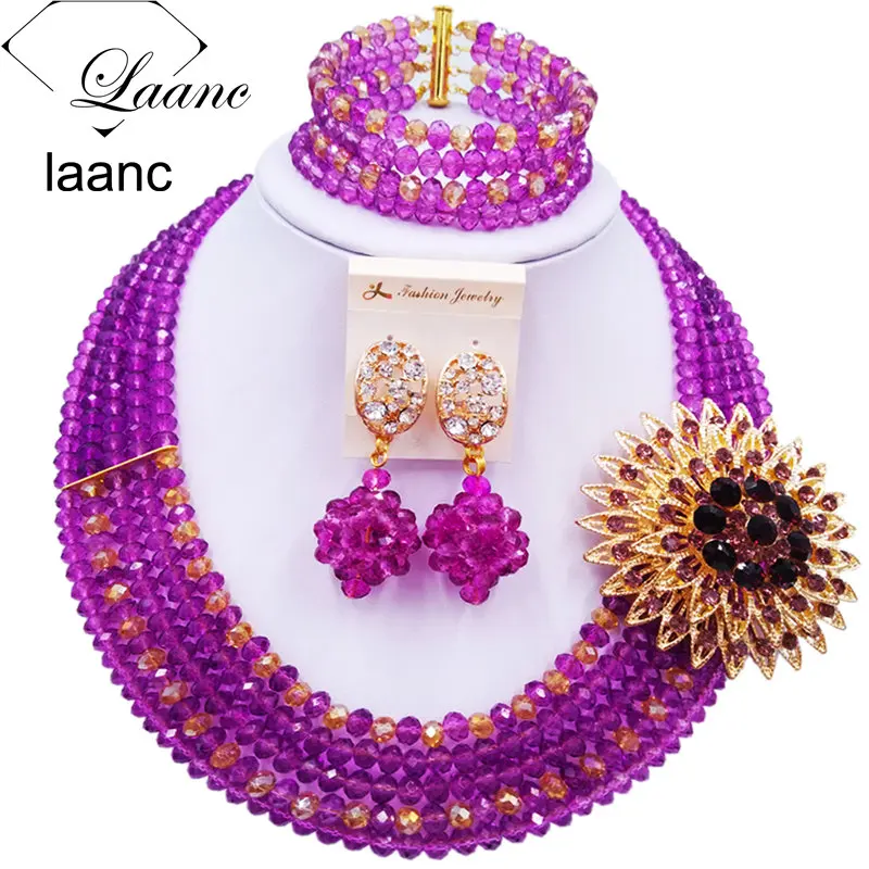 5 Rows Nigerian Necklace African Beads Crystal Wedding Jewelry Sets for Women  (50)