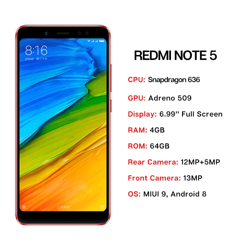 النسخة العالمية Xiaomi Redmi ملاحظة 5 4 GB 64 GB 5.99 \