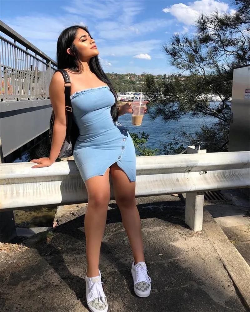 

Sexy women strapless denim dress button side split ladies summer robe jean light blue bodycon jeans dress mini sukienka