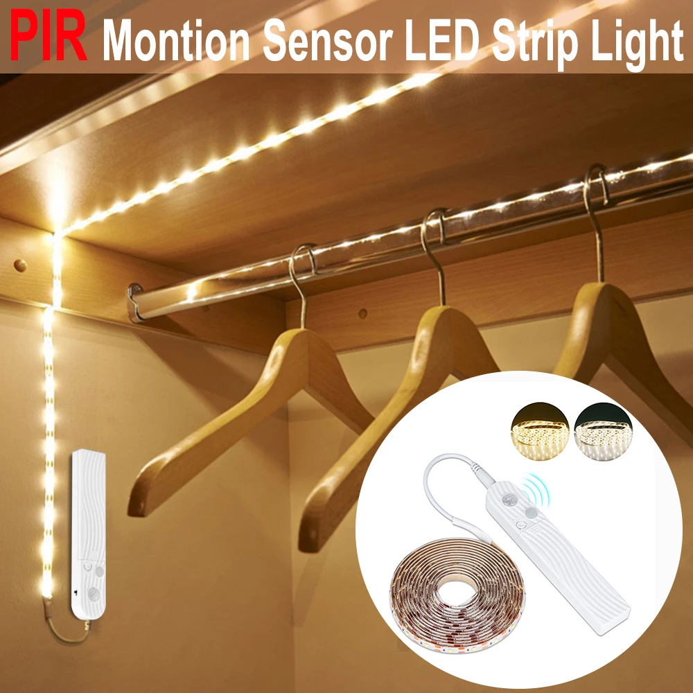 

LED Cabinet Light Motion Sensor 1M-3M Under Bed Stair Wardrobe Tape 5V USB LED Strip Closet Kitchen Night Lamp D35