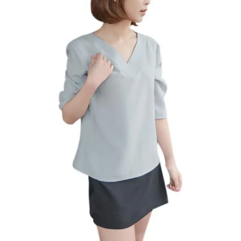ETOSELL Fashion Women Blouse V-neck Chiffon Shirt Office Lady Blouses Ladies Top Work Formal Career Shirts YR |