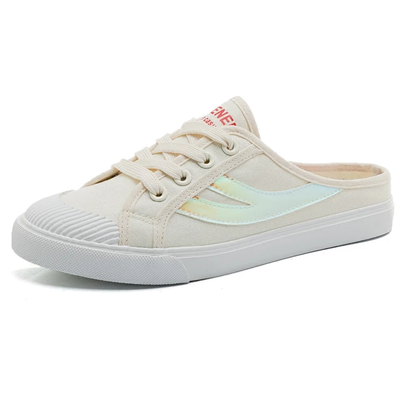 

Lazy Half Drag Canvas Shoes Female Students Korean Version 2018 Summer New Wild Flat Bottom No Heel Small White Shoes