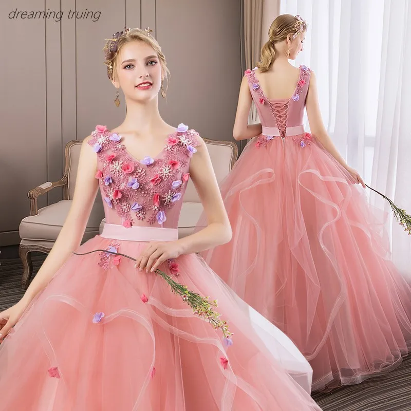 Дешевые Бальные платья, 16, Длинные розовые Бальные платья с открытыми плечами, 3D Цветы для Бальные платья 15 лет, Vestidos De 15