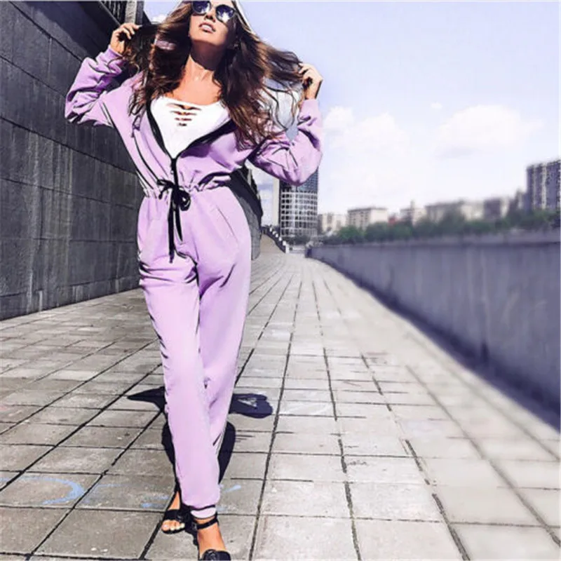 Модный женский сексуальный комбинезон с длинным рукавом комбинезон с завышенной талией толстовки уличная одежда комбинезон длинные брюки - Цвет: Фиолетовый