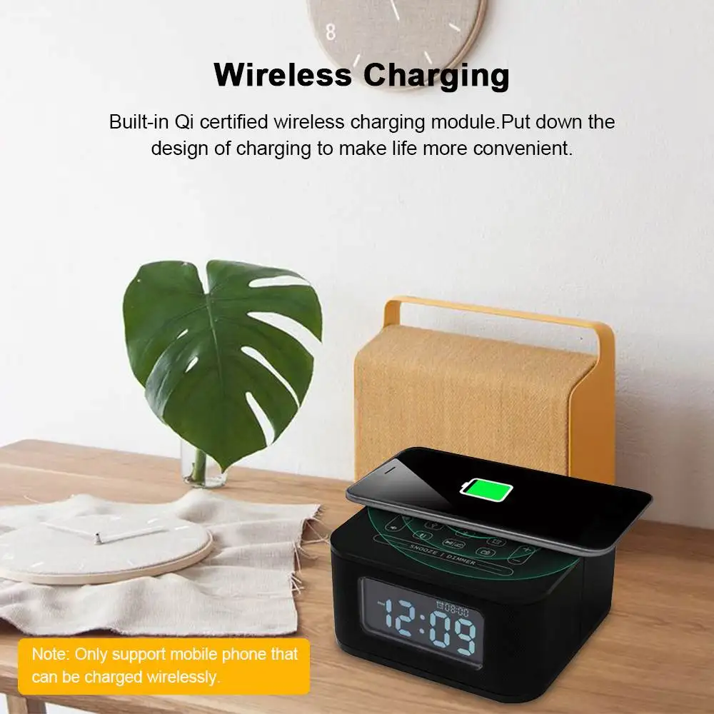  Altavoz bluetooth/cargador inalámbrico/Radio FM/reloj despertador/puerto cargador USB para IOS Andr