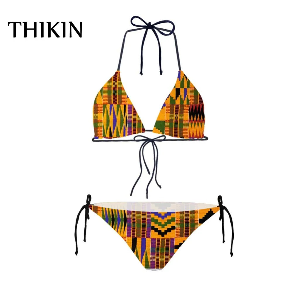 

THIKIN Triangle Bikini African Dashiki Mexican Floral Printed Summer Beach Swimsuit Bathsuit for Girls New Arrival Size S-XXL