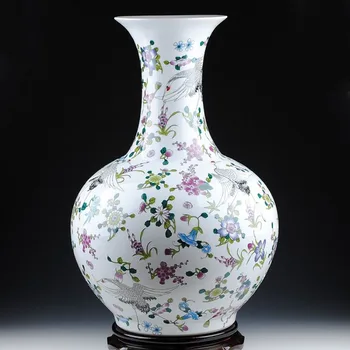 

Ancient Style Artistic Porcelain Traditional Chinese Elegant Tabletop Vase with Floral and Crane Painting Luminous Effect