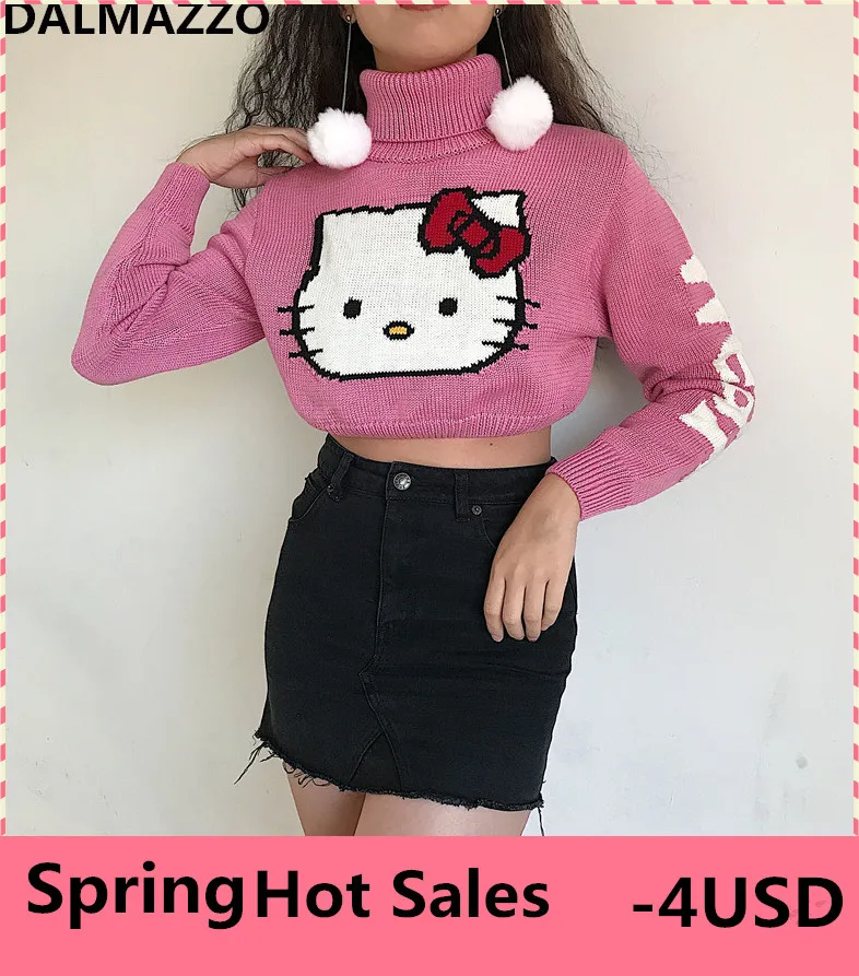 Cut Sweet 3D Cartoon Hello Kitty Pink Women's Pullovers Turtleneck Sweater Tops Long Sleeve Leaky Waist Short Knitted Sweaters
