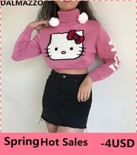 Cut Sweet 3D Cartoon Hello Kitty Pink Women's Pullovers Turtleneck Sweater Tops Long Sleeve Leaky Waist Short Knitted Sweaters Cut Sweet 3D Cartoon Hello Kitty Pink Women's Pullovers Turtleneck Sweater Tops Long Sleeve Leaky Waist Short Knitted Sweaters