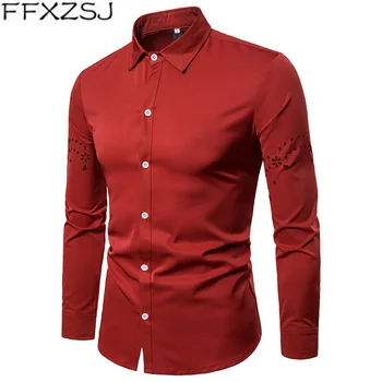 

FFXZSJ Mens Long Sleeve Shirt Casual Male Business Collar Red/white/grey New Autumn Fashion Brand Men Clothes Slim Fit Men Shirt