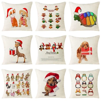 

Cartoon Christmas Animals Cushion Cover Dog Giraffe Turtle Throw Pillow Cover Cotton Linen Decorative for Sofa Car Pillowcases