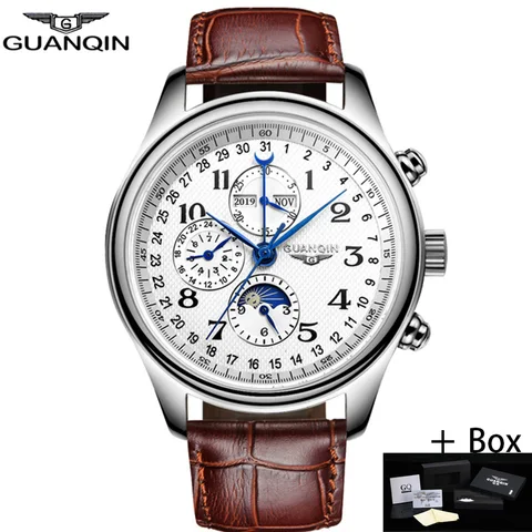 Marca de Luxo à Prova Guanqin Automático Relógios Mecânicos Masculinos Dwaterproof Água Data Calendário Lua Couro Relógio Pulso Masculino um Mod. 115434