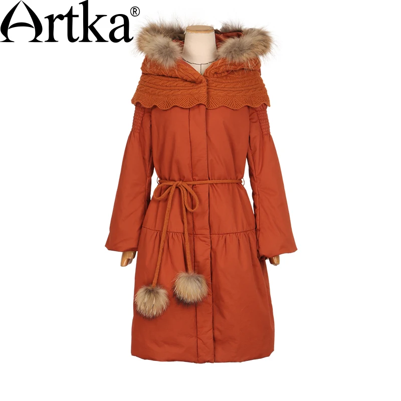ARTKA Women's Winter Parkas Raccoon Fur Hooded Winter Jacket For Women Lantern Sleeve Thick Warm Long Coat With Belt MA10152D|fur hooded winter jacket|winter jacket for womenhooded winter jacket AliExpress