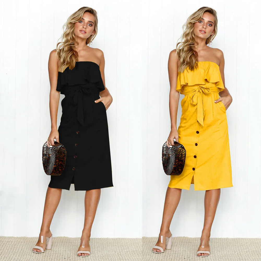 

Sexy Straple Sleeveless Women's Dresses Button-down Designer Dress Ruffles Design Knee-Length Solid Color Slim Belt Grace Dress