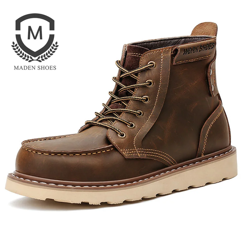 

Maden Crazy Horse Leather Martin Men Boots High-top Korean England Style Anti-slip Wearable Vintage Retro Casual Black Brown