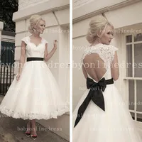2014 New Arrival Cap Sleeves A Line Lace Appliques Tea Length Short Wedding Dresses Open Back with Bow Back Free Shipping BO3258