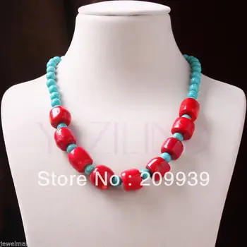 

huij 002701 Genuine red coral turquoise blue bead beaded necklace