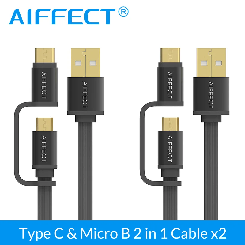 AIFFECT 2 в 1 Micro USB кабель type C к Micro USB QC 3,0 для Android зарядное устройство конвертер usb кабель для телефона или планшета 2 шт - Цвет: Черный