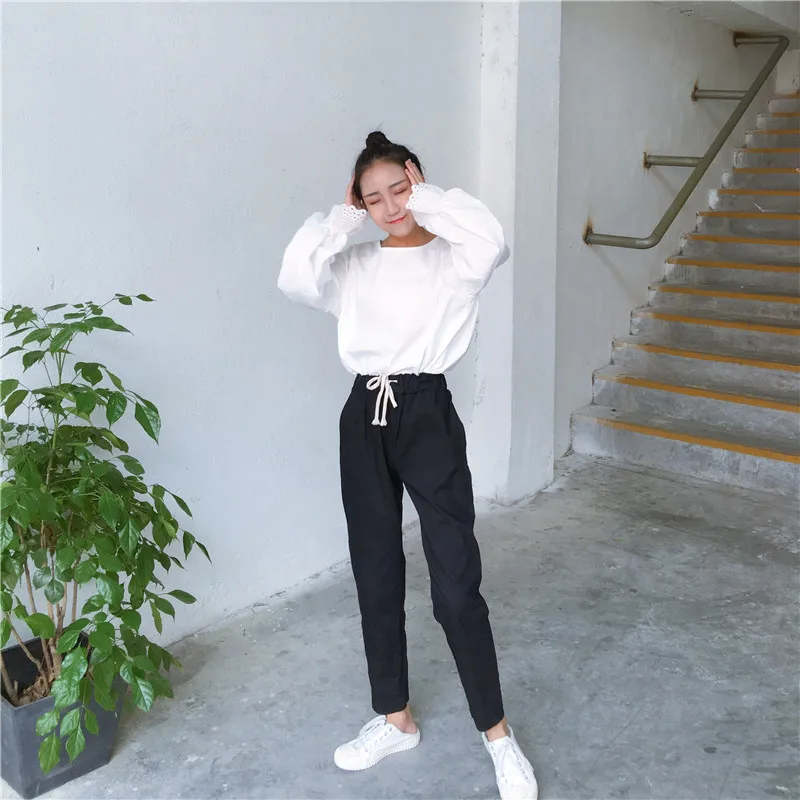 Корейский стиль моды свободные женские брюки Harajuku чистый цвет досуг шнурок брюки студентов высокой эластичной талией черные брюки