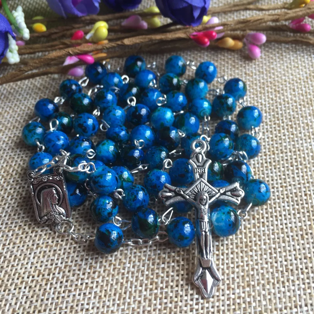 8mm blue glass beads rosary necklace, catholic rosary bead, pattern