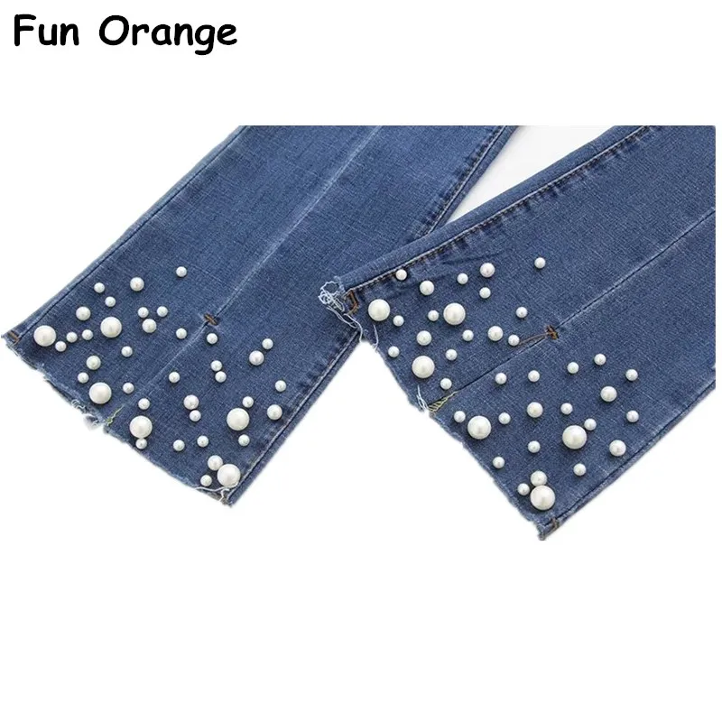 Весело оранжевый Для женщин Разделение Front Denim Flare Джинсы для с жемчугом модные