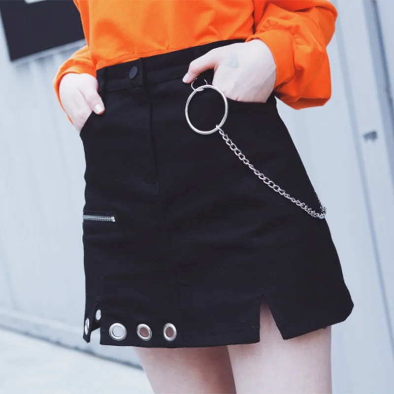 

Black Punk Harajuku Side Slit Mini Skirts Retro Ring Chain Decorative High Waist Hollow Out Women Girls Skirts