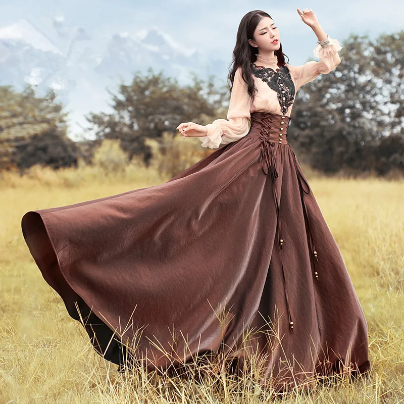 

BOSHOW Original Design Autumn Winter Women Long Skirt Vintage Royal Wind High Waist Drawstring Expansion Bottom Maxi Long Skirt