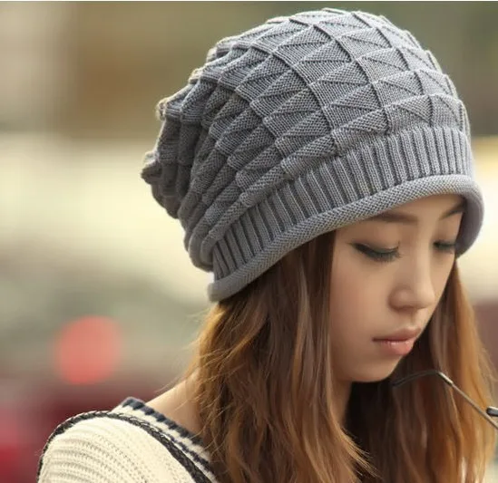 

New Autumn Winter Knitting Wool Hat for Women Caps Lady Beanie Knitted Hats Caps Triangle argyle Pattern White Grey Colour CP002