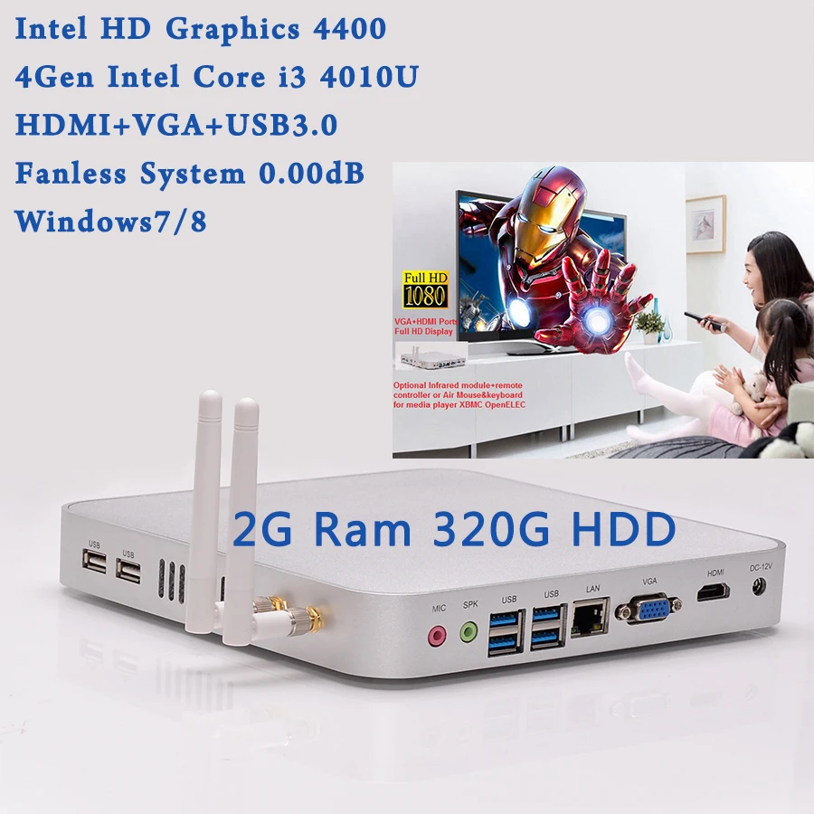 DHL Free Shipping Raspberry PI PC Intel Core i3 4010U Haswell 2GB RAM 320GB HDD Mini ITX Nettop HTPC Cheap Fanless Computer