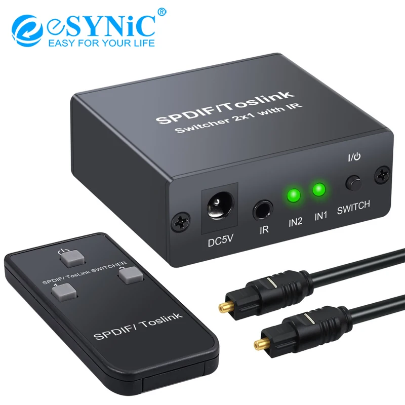 ESYNiC SPDIF / Toslink Цифровой оптический аудиопереключатель 2x1 с ИК 2-сторонним