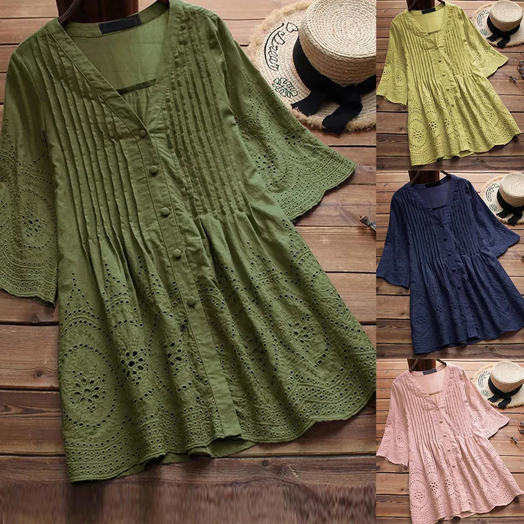 

Women's Summer Pure Button V-Collar Retro Hollow Sexy Short Sleeve Shirt 2019 New Drop Shipping