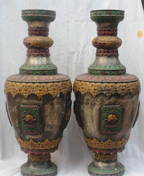 

xiuli 003679 23"Tibet Tibetan Buddhism Bronze With Painting 8 Auspicious Symbols Vase Pair A