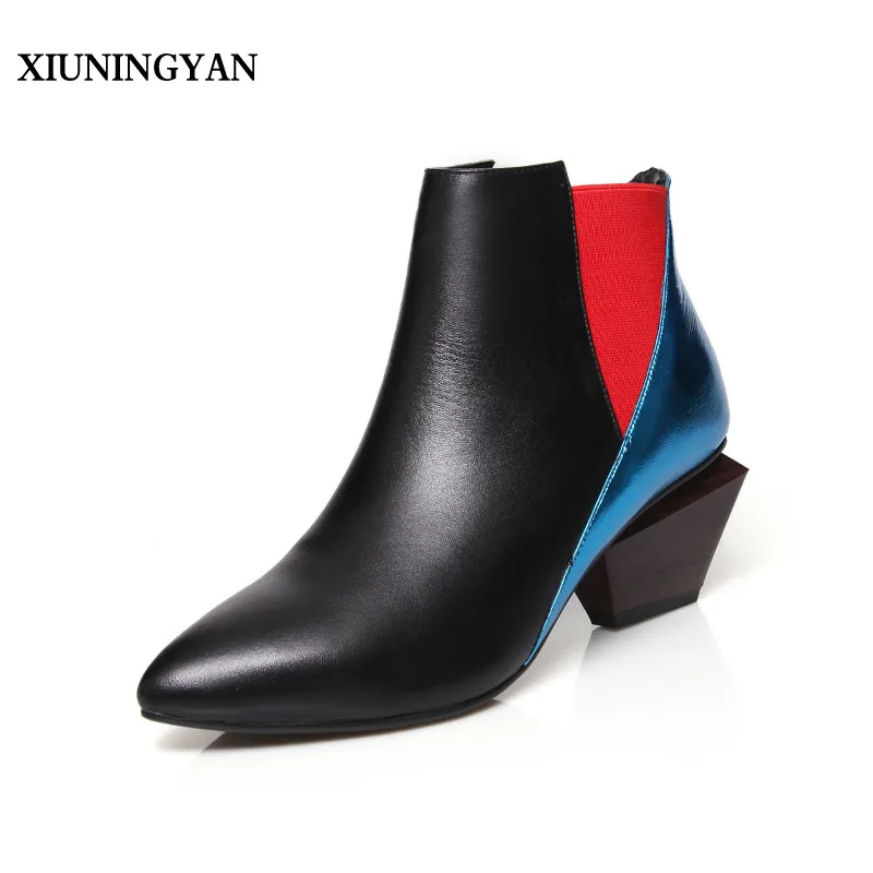 

XIUNINGYAN Women Boots 2018 New Fashion Personality Spell Color Cowhide Breathable Shaped with Comfort and Leisure Chelsea Boots