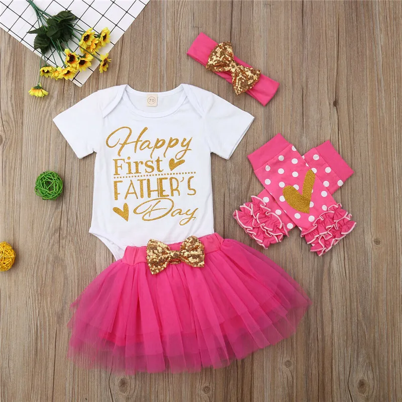

PUDCOCO Happy Father's Day Newborn Baby Girl Romper+Tutu Skirt+Leg Warmer 4Pcs Outfits 0-12M