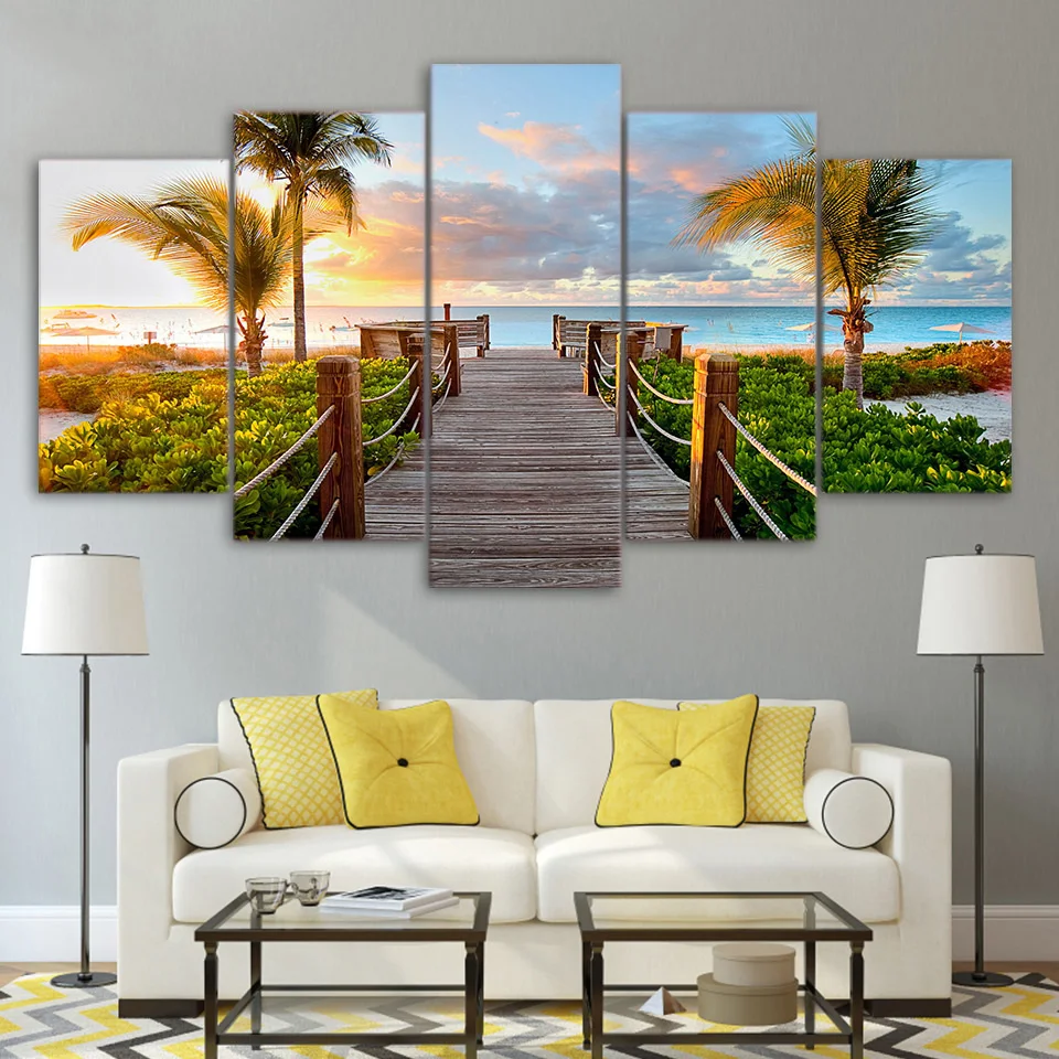 Модульные картины рамки HD Печать Современный домашний декор 5 панель Coast Board Walk Palms пляж гостиная настенная живопись холст