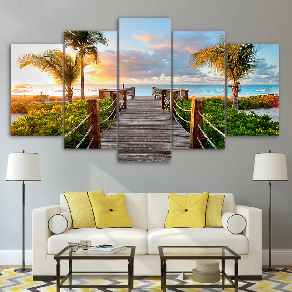 

Modular Pictures Framework HD Print Modern Home Decor 5 Panel Coast Board Walk Palms Beach Living Room Wall Art Painting Canvas