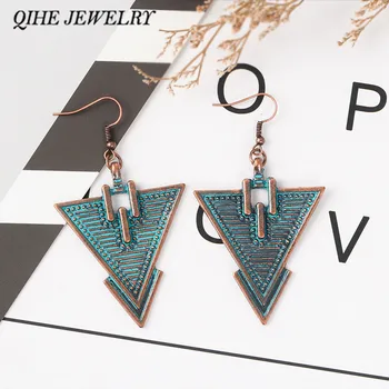 

QIHE JEWELRY Rustic Bronze Triangle Dangle Earrings Statement Earrings Boho jewelry Boho style Earrings for women