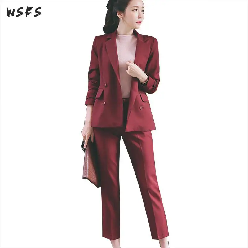 2 Pieces Set Autumn Business Womens Bandage Red Black Suit Full Sleeve Jacket Elegant Long Pants Work Office OL Ladies Suits |
