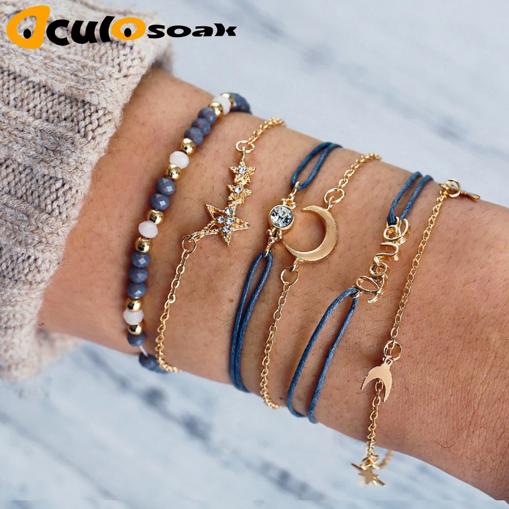 

2019 New Fashion Bracelets for Women Creative Stars Moon Love Bead Bracelet Rope and Gold Chain Bracelets 6 PCS SET Gifts