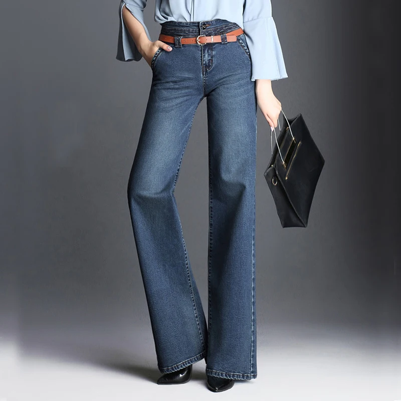 Haute qualité marque femmes mode jambe large Jeans pour automne hiver bleu foncé Stretch taille haute droite Baggy Long beau Jeans