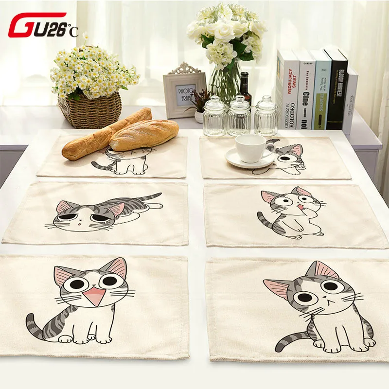 

Cotton Linen Table Mat Cute Cat Cartoon Animal Pattern Placemats For Children Kids Kitchen Dining Place Mats Pads