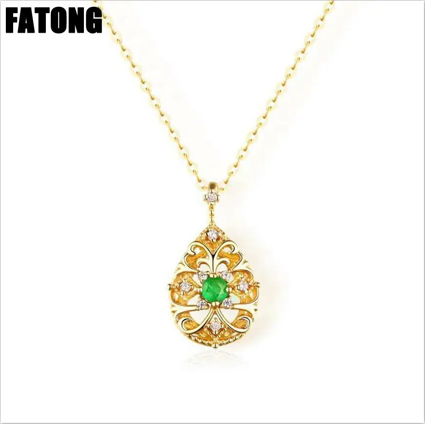 

New 925 sterling silver ethnic style retro emerald water drop personality wild necklace female J0224