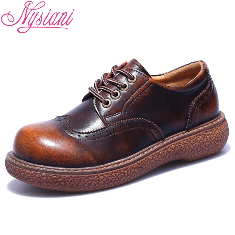 

2019 Spring Female Retro Leather Casual Shoes Split Leather Flat Platform Mixed Colors Lace-up Round Toe Women Shoes Nysiani