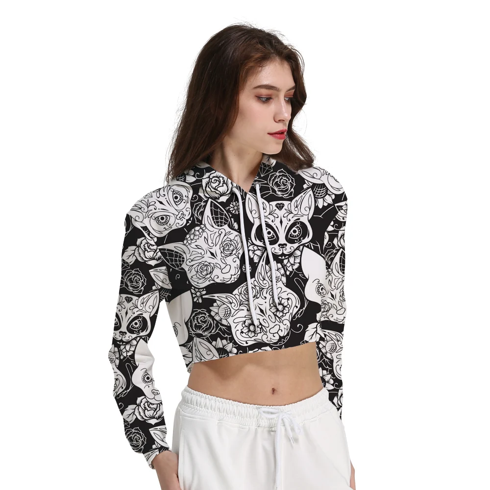 

2018 New Women Sexy Crop Tops Hoodies Long Sleeve Grey Cat Print S To 3xL Flamingo Green Casual Workout Hoodies