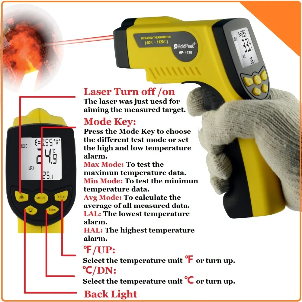 Infrared Thermometer Non Contact Digital Thermometer Gun with Laser -50--1120'C / -58'F--2048'F infrared thermometer price with respond time least 150ms